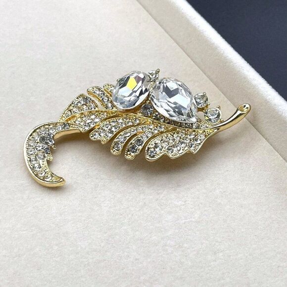 Yellow Gold with White Diamond Crystal Single Feather Pin Back Brooch - Picture 5 of 9